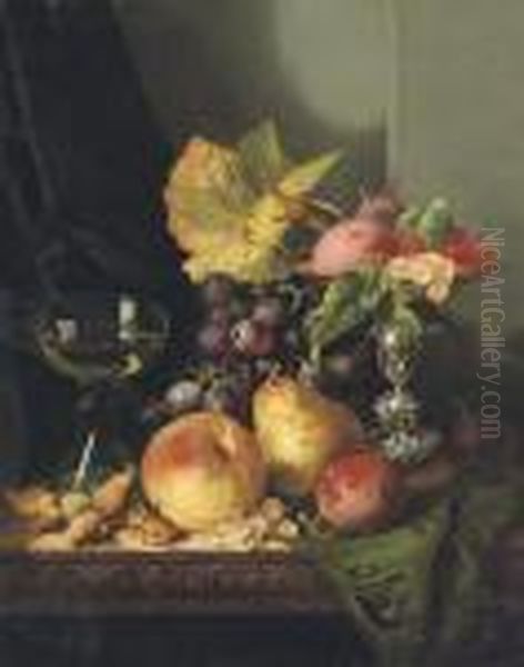 Plums, Raspberries And White Currants In A Tazza Oil Painting by Edward Ladell