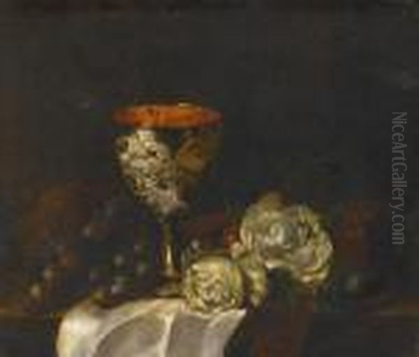 Still Life With Roses, Grapes And Cup Oil Painting by Edward Ladell