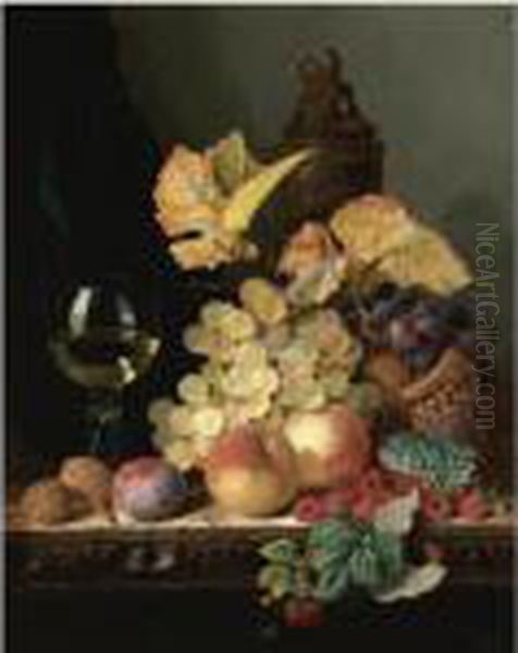 Still Life With Peaches, Plums, Grapes And Walnuts On A Carvedtable With A Wine Glass Oil Painting by Edward Ladell