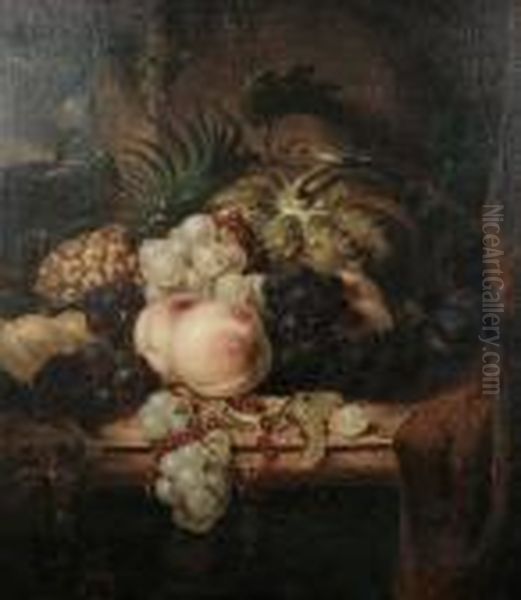 Still Life Of Mixed Fruit On A Ledge Oil Painting by Edward Ladell