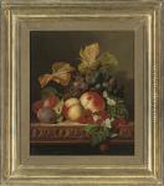 Raspberries, Plums, Peaches And Grapes On A Carved Wooden Ledge Oil Painting by Edward Ladell