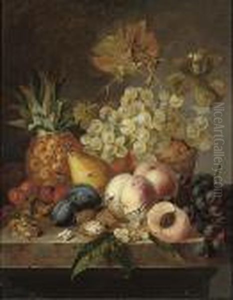 Grapes, Peaches, Cherries, Walnuts, Hazelnuts, A Pear And A Pineapple On A Ledge Oil Painting by Edward Ladell