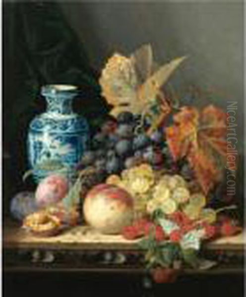 Still Life With A Chinese Vase, 
Grapes, Plums, Raspberries And A Peach On A Carved Wooden Tabletop Oil Painting by Edward Ladell