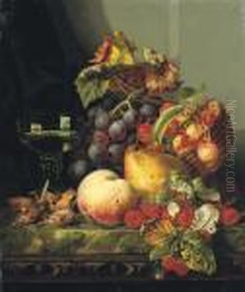 Still Life With Cob Nuts, Black 
Grapes, A Basket Of Cherries, A Peach, A Pear, A Plum And Some 
Raspberries, With A Glass, On A Marble Ledge Oil Painting by Edward Ladell