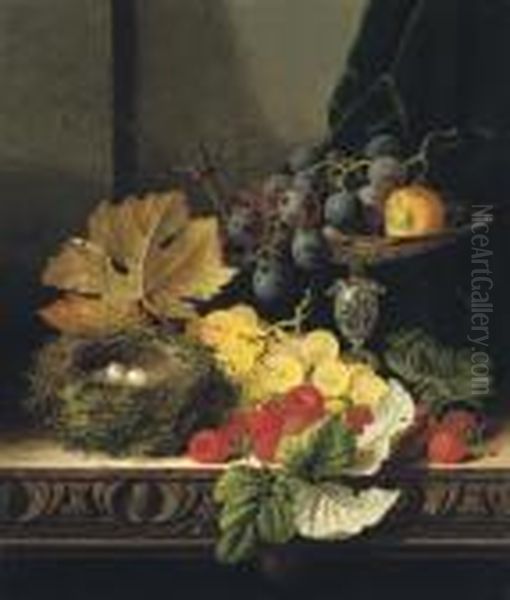 Still Life With A Bird's Nest, 
Black And White Grapes, A Greengage In A Tazza, And Some Raspberries, On
 A Wooden Ledge Oil Painting by Edward Ladell