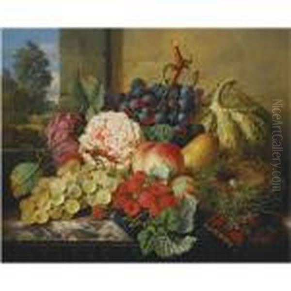 Still Life With Grapes, 
Raspberries, A Peach, Pear And Plums With A Bird's Nest On A Marble 
Table Oil Painting by Edward Ladell