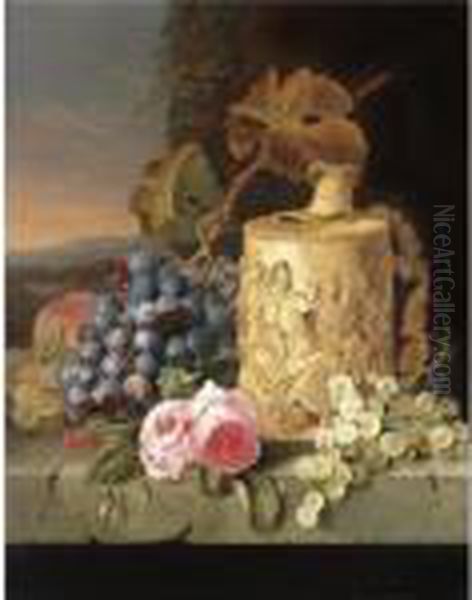 Still Life With Grapes, Roses And A Stein On A Marble Ledge Oil Painting by Edward Ladell