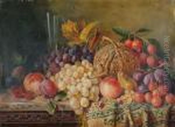 A Still Life Of Fruit And A Glass Of Wine On A Ledge. Oil Painting by Edward Ladell