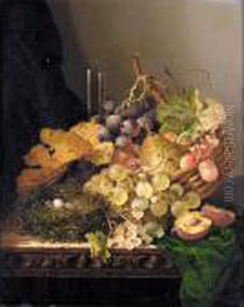 Still Life With A Bird's Nest, 
Pear, Grapes, Cherries And A Plum And A Glass Vase On A Ledge Oil Painting by Edward Ladell