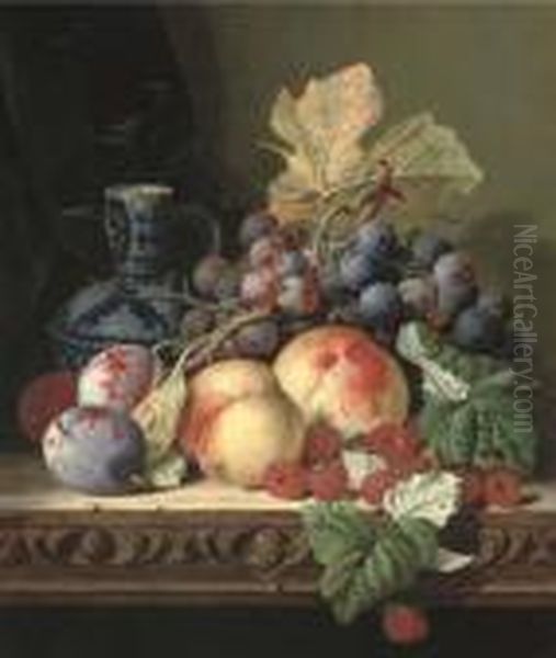 Plums, Peaches, Raspberries, Grapes And A Stoneware Jug On A Carvedtable Oil Painting by Edward Ladell