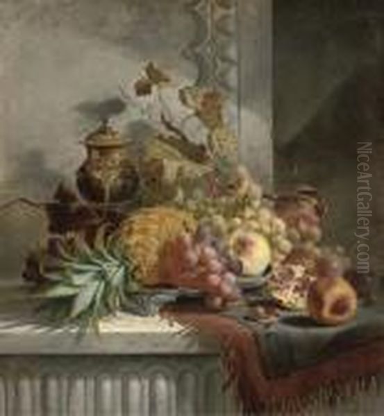 Pineapple, Grapes, Plums, Pomegranate, Peaches On A Silver Tray, On A Marble Ledge Oil Painting by Edward Ladell