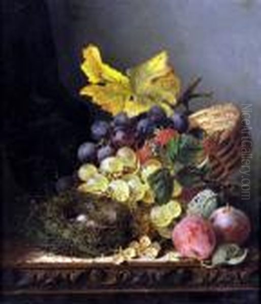 Still Life, Birds Nest And Ripe Peaches, Grapes And Strawberries Oil Painting by Edward Ladell