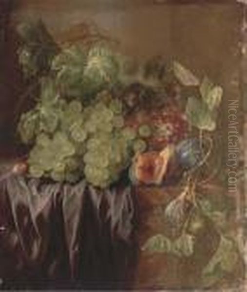 Grapes, Figs, An Acorn And A Drape On A Ledge Oil Painting by Edward Ladell