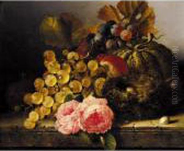 Still Life With A Birds Nest, Roses, A Melon And Grapes Oil Painting by Edward Ladell