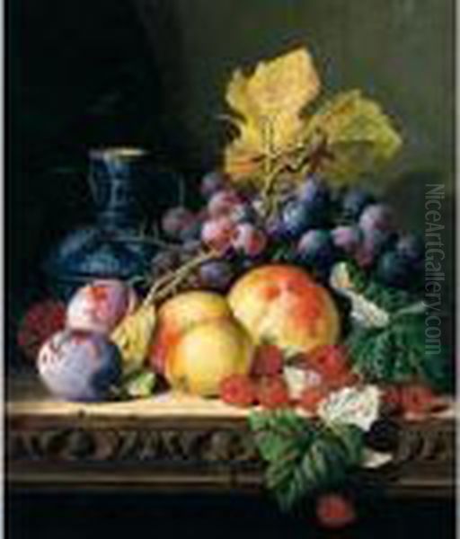 Still Life With A Stoneware Jug,
 Peaches, Raspberries, Plums And Grapes On A Carved Ledge Oil Painting by Edward Ladell