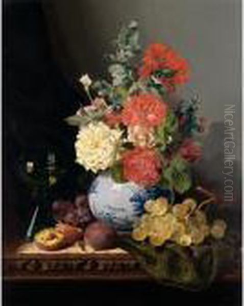 Still Life With A Vase Of Roses, Grapes, Plums And A Wine Glass On A Carved Table Oil Painting by Edward Ladell