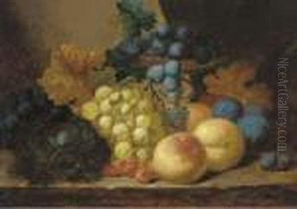 Grapes, Peaches And A Bird's Nest On A Ledge Oil Painting by Edward Ladell