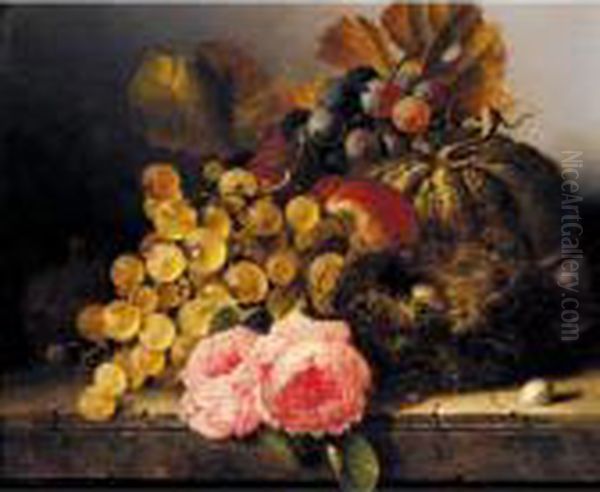 Still Life With A Birds Nest, Roses, A Melon And Grapes Oil Painting by Edward Ladell