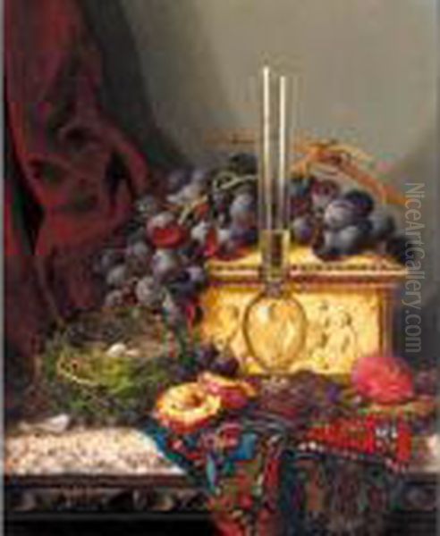 Still Life With Fruit, Birds Nest, Glass Vase And Casket Oil Painting by Edward Ladell