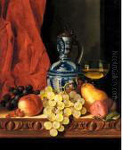 Still Life With Grapes, A Peach,
 Plums And A Pear On A Table With A Wine Glass And A Flask Oil Painting by Edward Ladell