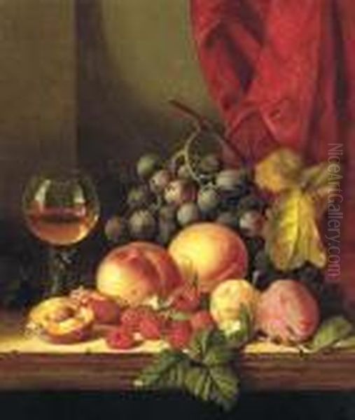 Still Life With Plums, Peaches, Black Grapes, Raspberries, And Aroemer Oil Painting by Edward Ladell