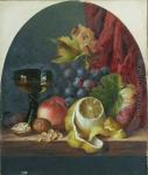 Still Life With Assorted Fruit, Nuts, And A Glass Of Wine, On A Ledge Oil Painting by Edward Ladell