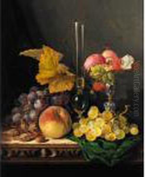 Still Life With Peaches Grapes Hazelnuts Raspberries And Plums With A Wine Glass Oil Painting by Edward Ladell