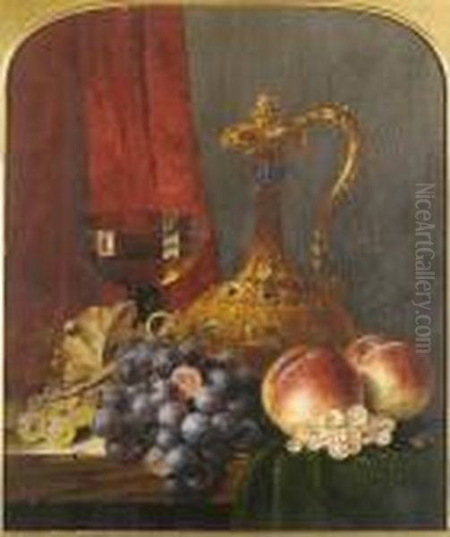 Still Life With Assorted Fruit, A Jug And A Glass Of Wine, On A Ledge Oil Painting by Edward Ladell