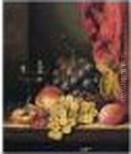 Still Life With Grapes, Peaches And A Glass Oil Painting by Edward Ladell