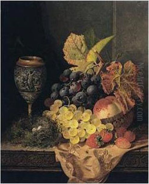 Still Life With Fruit, Bird's Nest And A Goblet Oil Painting by Edward Ladell