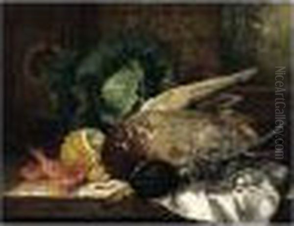 Still Life With Duck, Glass, Cabbage, Lemon And Prawns Oil Painting by Edward Ladell