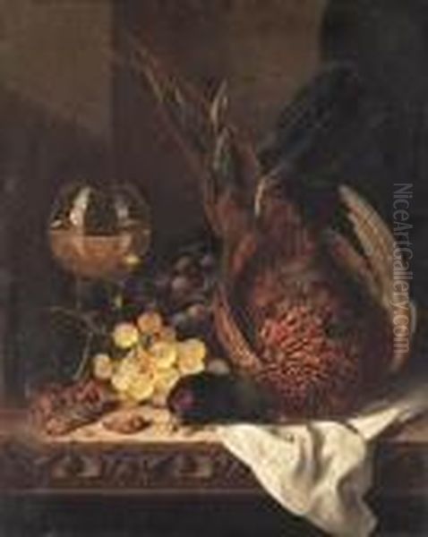 Still Life With A Pheasant, Grapes, Hazelnuts And A Hock Glass On Awooden Ledge Oil Painting by Edward Ladell