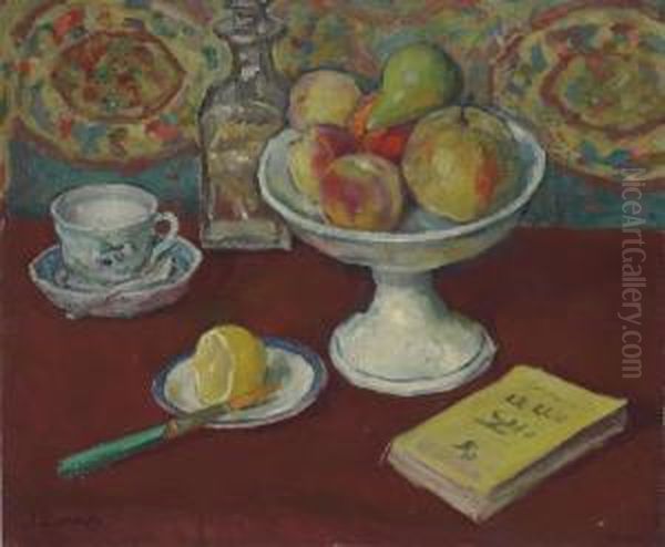 Lakhovsky Still Life With Fruit And A Book Oil Painting by Arnold Borisovic Lakowskij