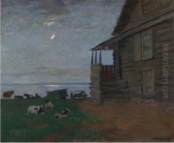 Village At Night Oil Painting by Arnold Borisovic Lakowskij