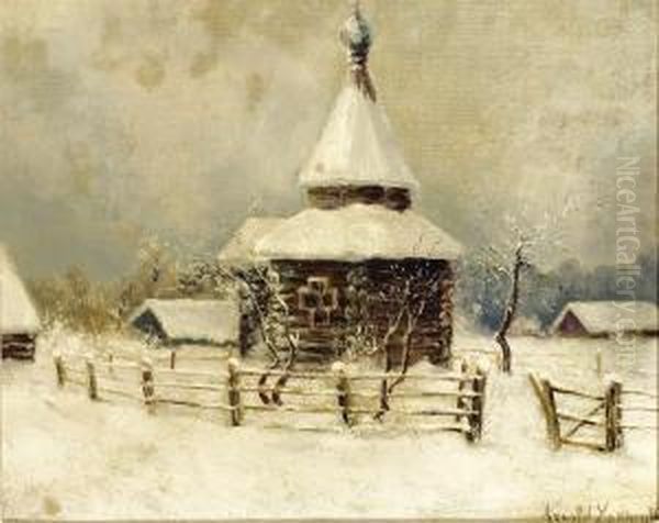 Village Church In Snow Oil Painting by Arnold Borisovic Lakowskij