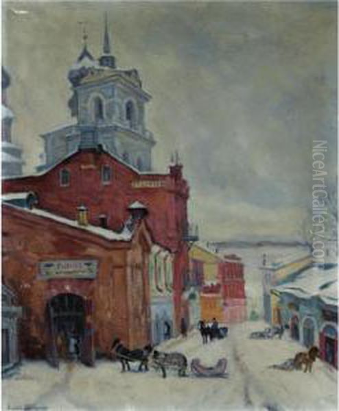 Russian Street In Winter Oil Painting by Arnold Borisovic Lakowskij