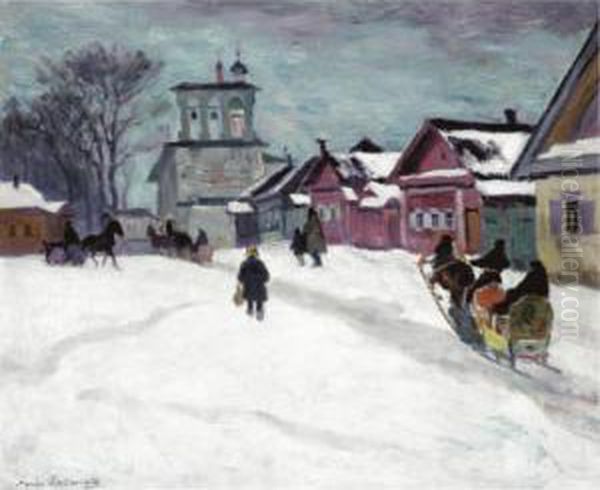 Russian Village In Winter Oil Painting by Arnold Borisovic Lakowskij