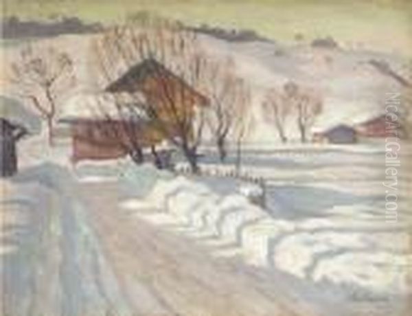 A Farm Under The Snow Oil Painting by Arnold Borisovic Lakowskij