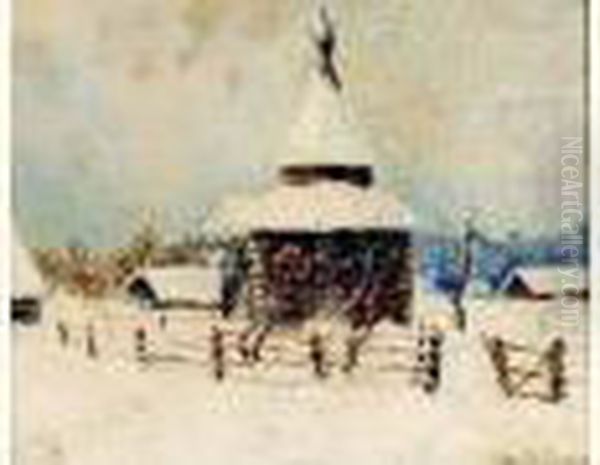 Paysage D'hiver Petite Isba Ou Chapelle Isolee Dans La Neige Oil Painting by Arnold Borisovic Lakowskij