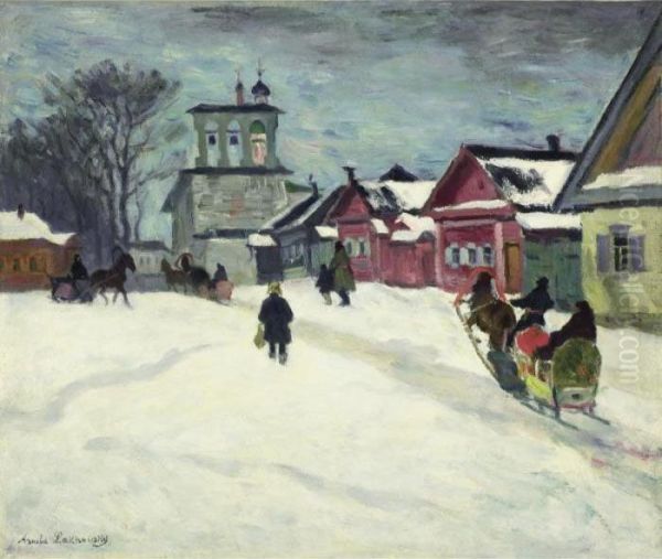 Russian City In The Snow Oil Painting by Arnold Borisovic Lakowskij