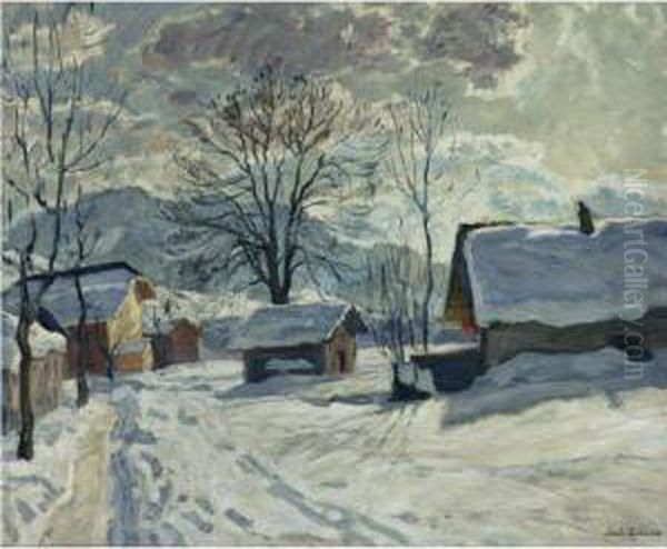 Village In Winter Oil Painting by Arnold Borisovic Lakowskij