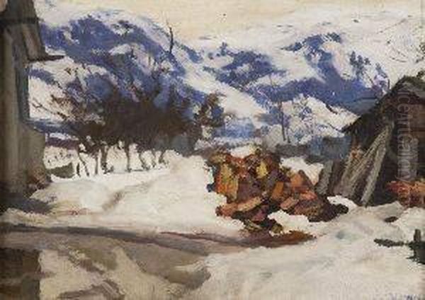 Lakhovsky . Barns In The Snow, Signed Lower Right. Inscribed In French On Reverse Oil Painting by Arnold Borisovic Lakowskij