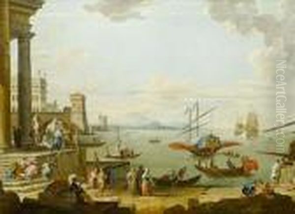 A Mediterranean Port With Elegant Figures On The Quayside Oil Painting by Jean-Baptiste Lallemand