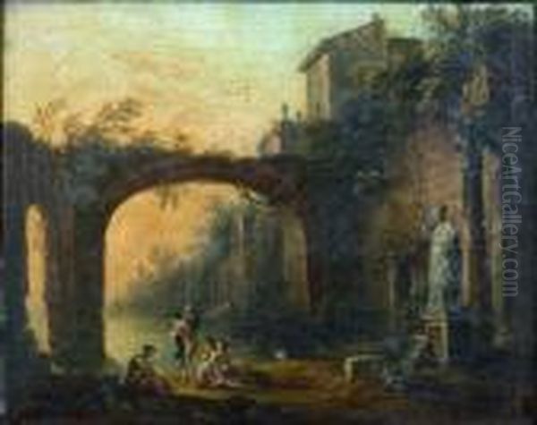 Baigneuses Sous Une Arche Et La Traversee Du Lac Par Un Bac Oil Painting by Jean-Baptiste Lallemand