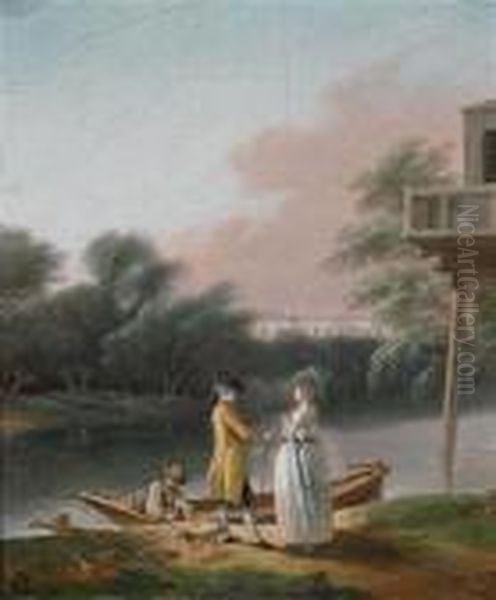 Elegantes Paar An Einem Flusufer
 Vor Einemboot; Eine Dame Mit Kind Vor Einer Brucke In Einem Wald Oil Painting by Jean-Baptiste Lallemand