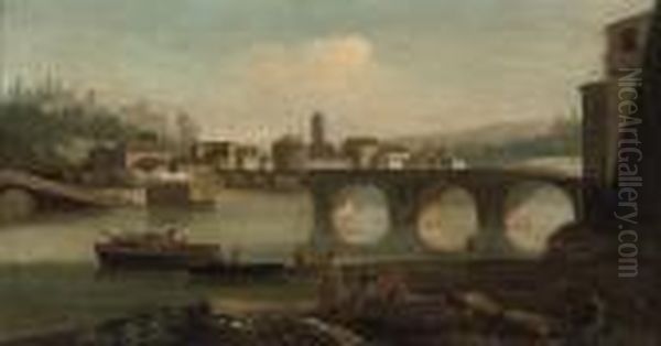 Figures Resting On A Bank Before A Ruined Bridge Oil Painting by Jean-Baptiste Lallemand