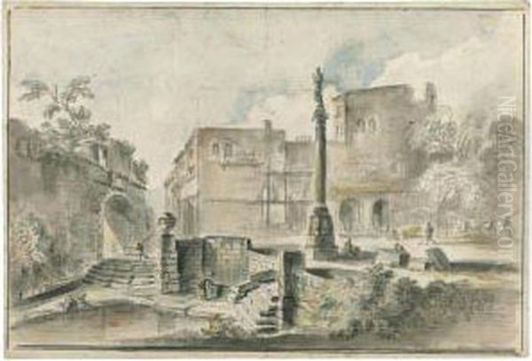 View Of A Piazza With An Obelisk By The Walls Of A City,washerwomen In The Foreground Oil Painting by Jean-Baptiste Lallemand