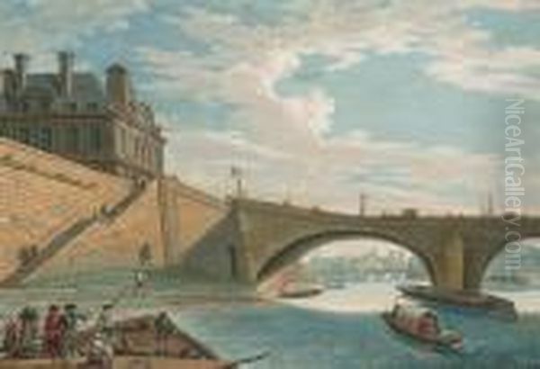 Vue Du Palais Des Tuileries Et 
Du Pont Royal Depuis La Seine, Des Personnages Au Premier Plan Oil Painting by Jean-Baptiste Lallemand