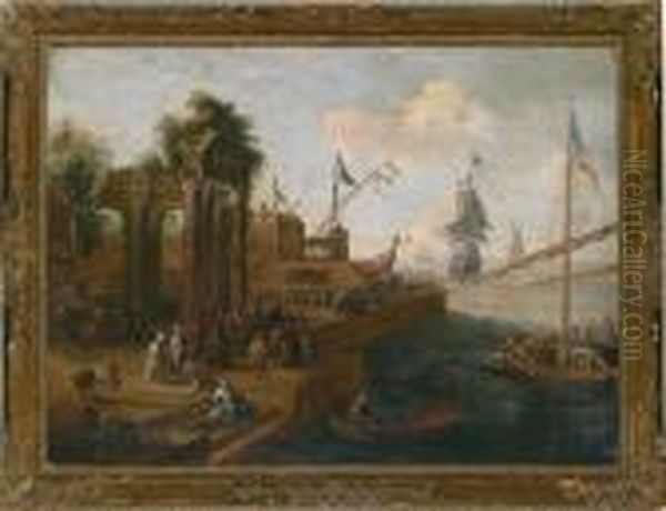 Southern Harbour Scene Oil Painting by Jean-Baptiste Lallemand