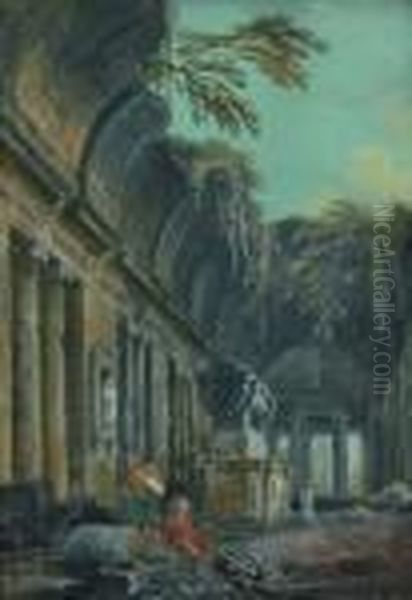 Promeneurs Pres D'un Sarcophage Dans Les Ruines D'un Temple Oil Painting by Jean-Baptiste Lallemand